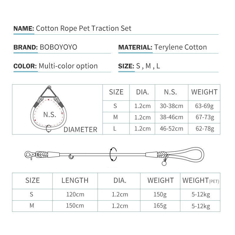 2024 New Design Custom Logo Training Walking Hands Free Comfortable Soft Cotton Rope Pet Dog Cat Leash Lead Collar Set