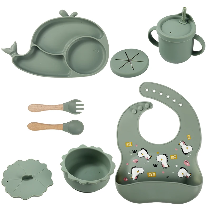 Popular wholesale can be customized fall resistant cartoon dishes bowl cup bib spoon silicone baby feeding set