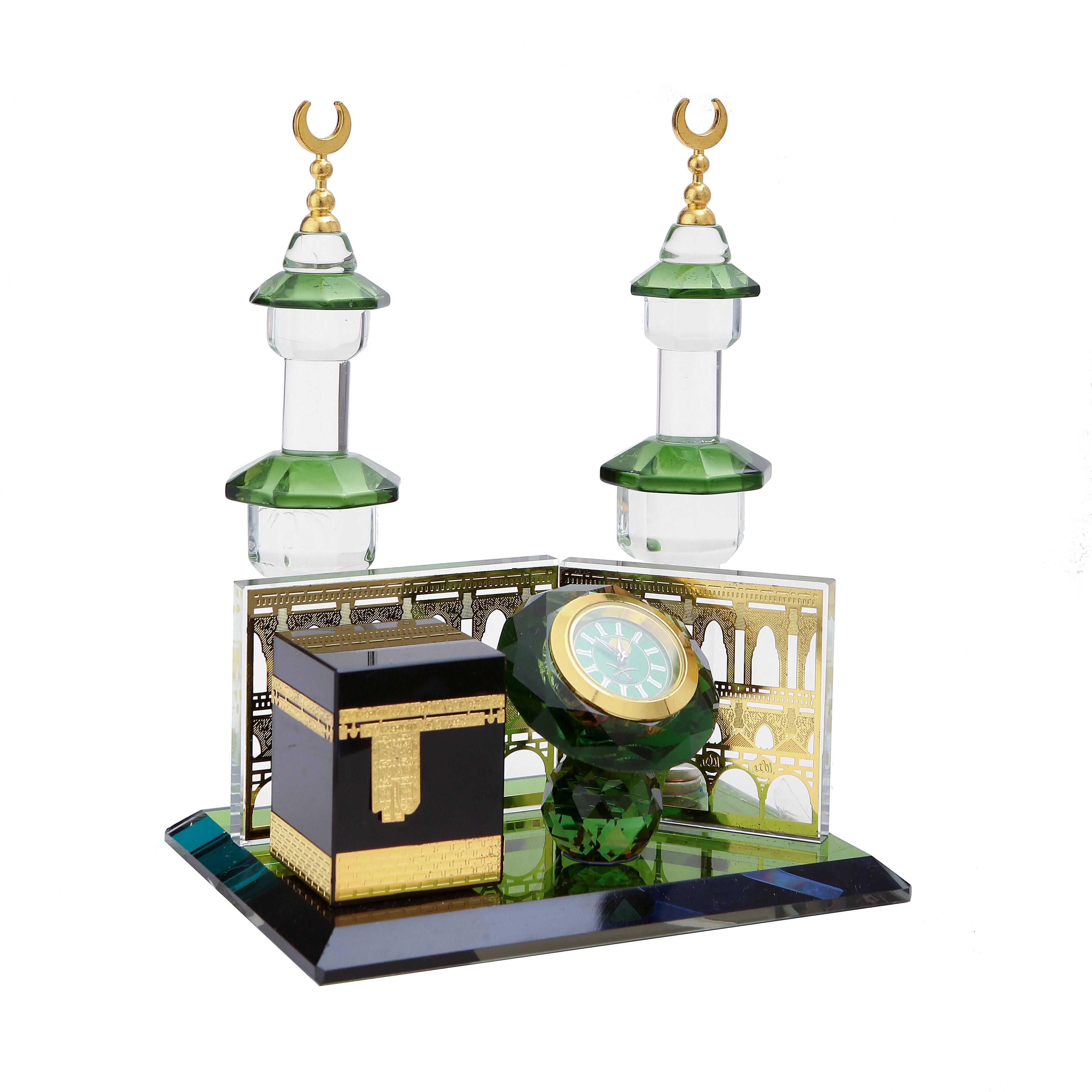 Glass Manufacture customized crystal glass ornament clock tower  for Islamic souvenir for gift Makkah