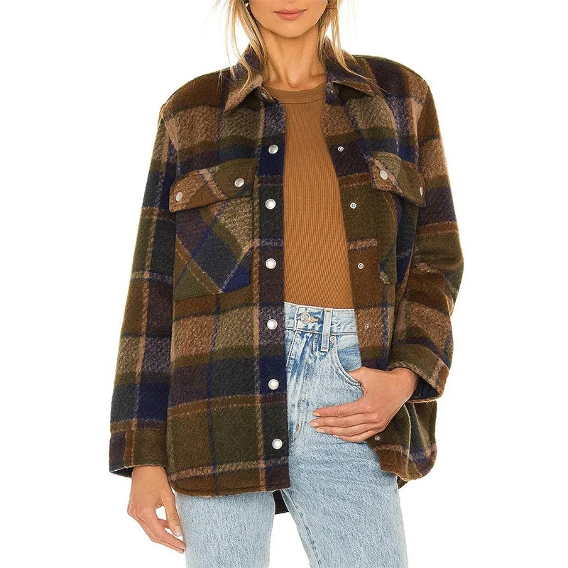 Womens plaid long sleeve shirt Womens winter shaket clothing shacket plaid shirts for women cusaul Lady custom button up shirts