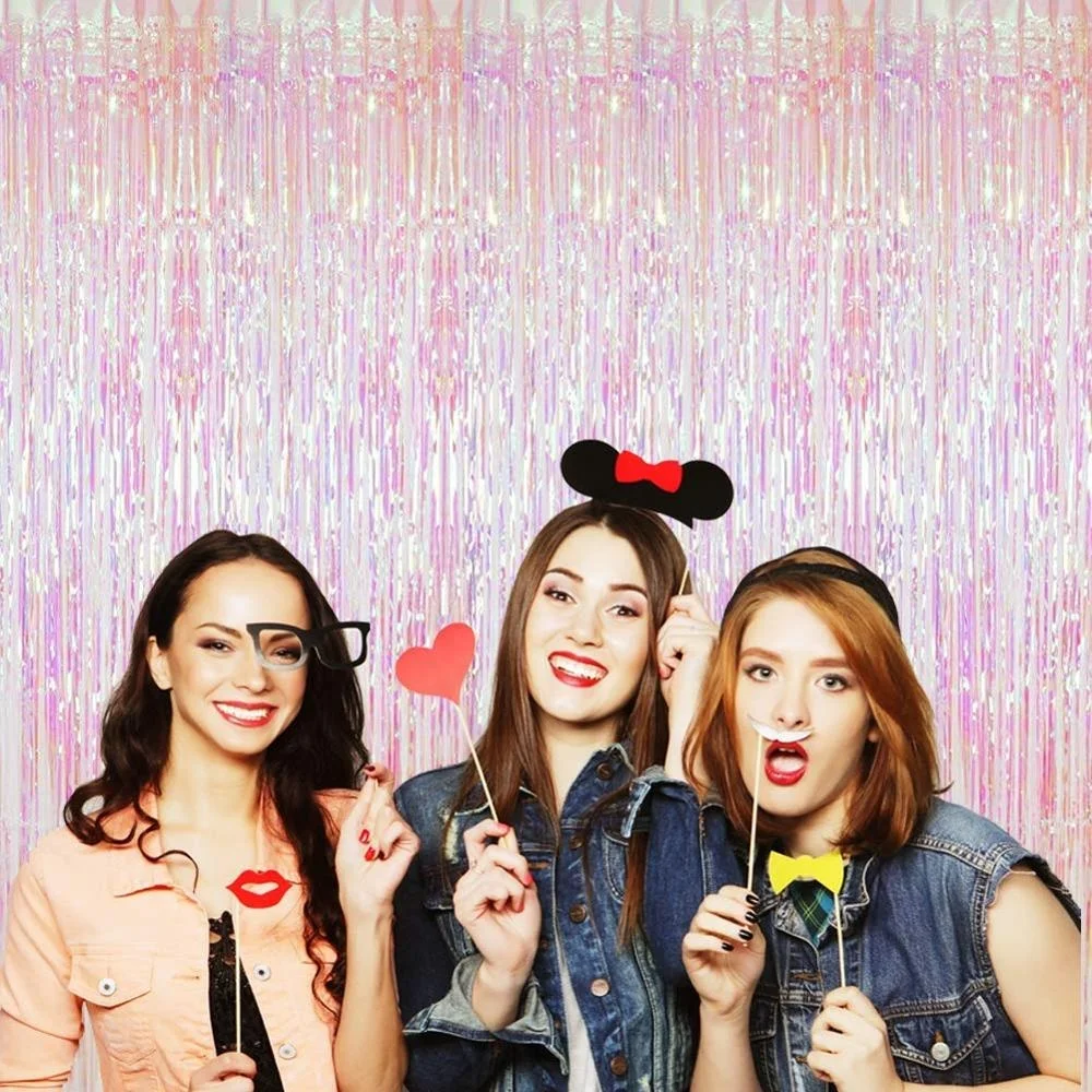 3ft x 8ft Iridescent Foil Curtains Metallic Tinsel Fringe Shimmer Door Window Curtain Backdrop for  Wedding Bridal Shower Deco