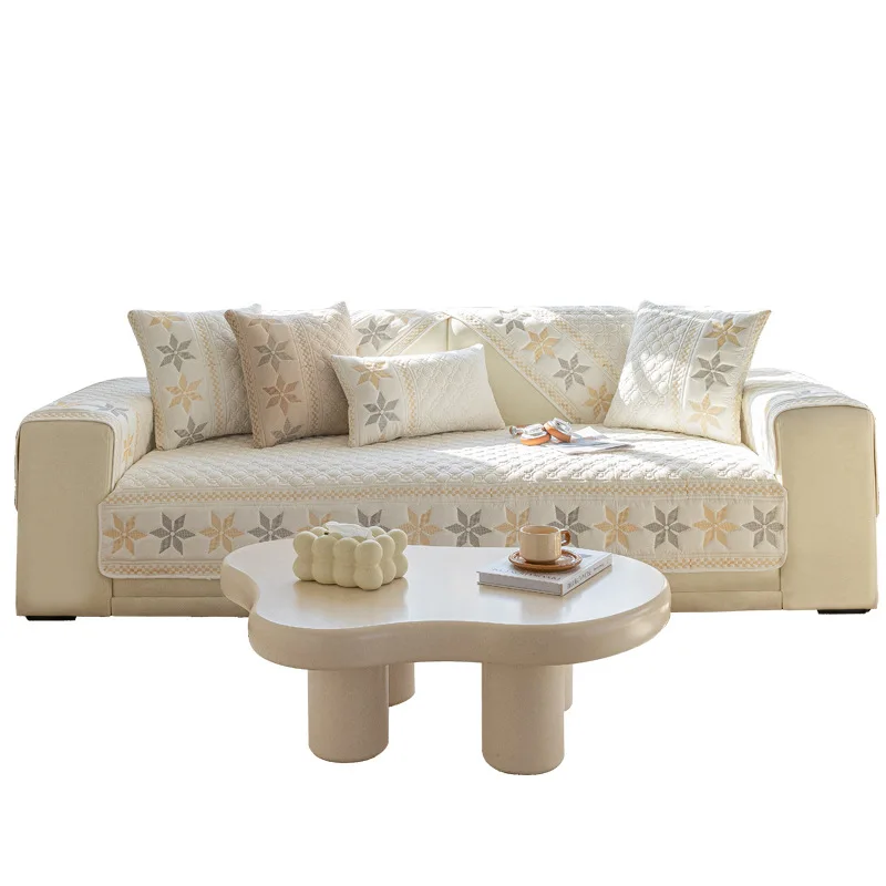 Simple Modern Nordic Four Seasons Embroidery Sofa Cushion Universal Non-Slip Cover Cloth Towel Solid Color Fabric Slipcovers