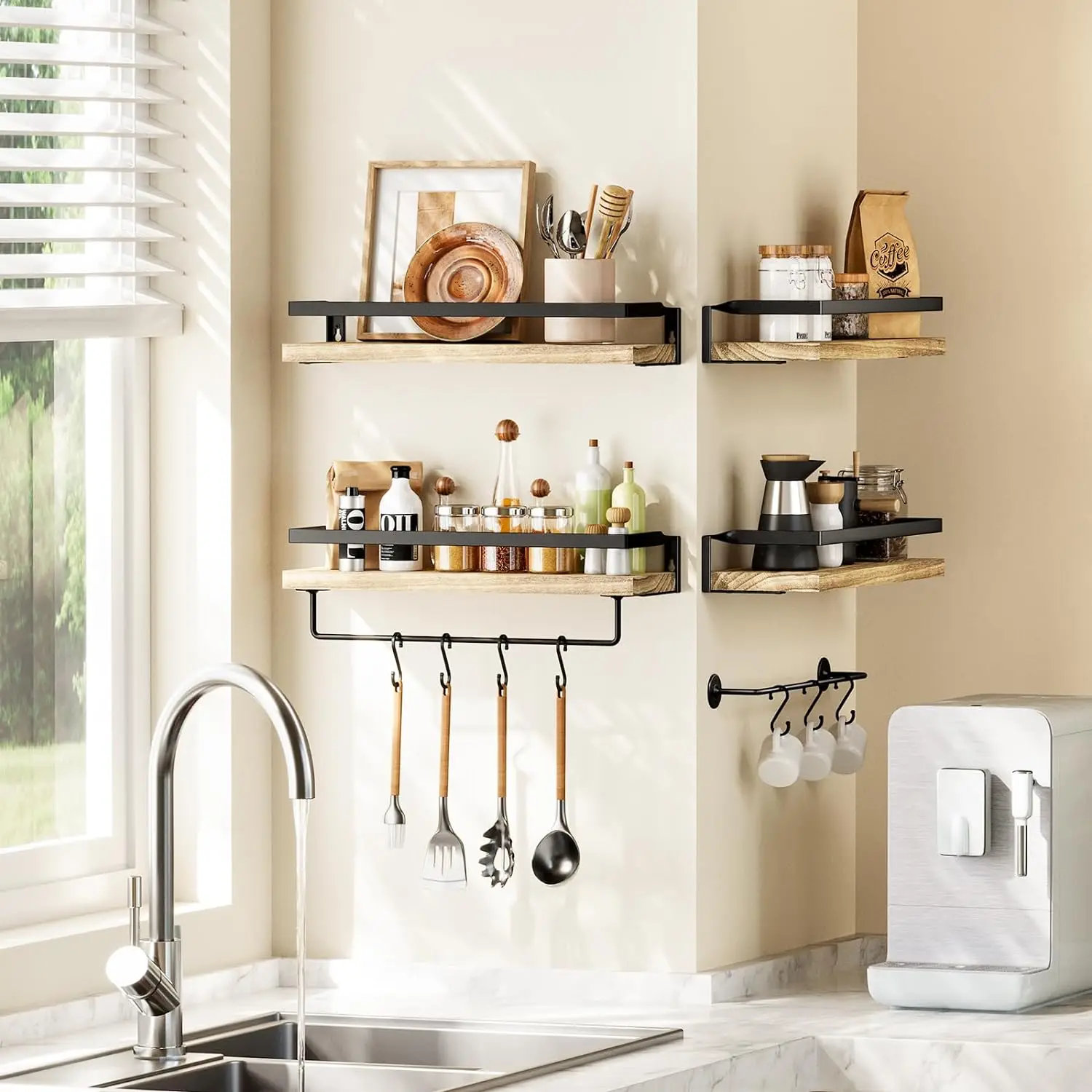 Solid wooden Set of 2 Bathroom Wall Floating Shelves with Towel Bar for Living Room and Kitchen