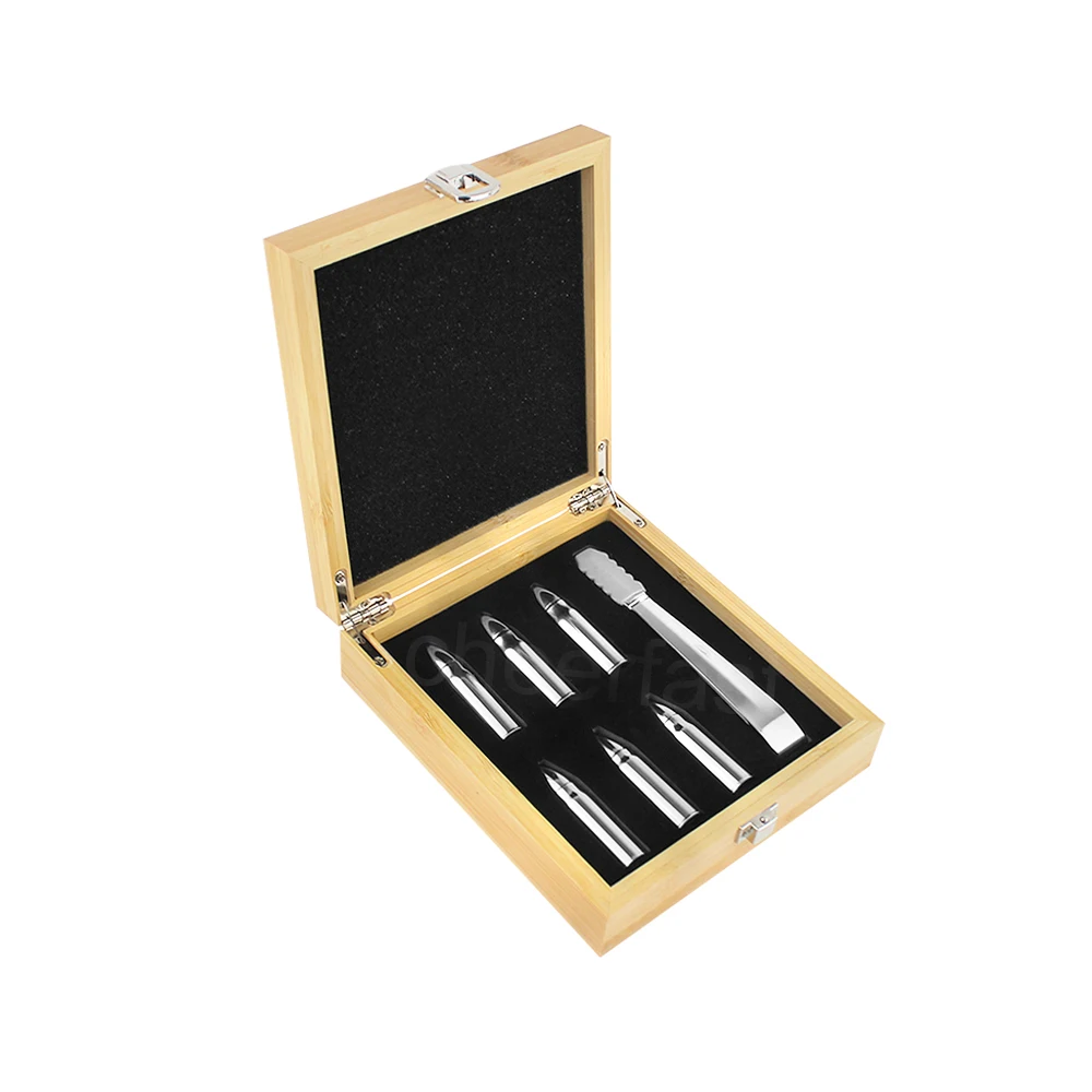 Private Label Acceptable Bamboo Wood Reusable Ice Cube Stainless Steel Whiskey Stone Stainless Steel Bullet Whiskey Stones