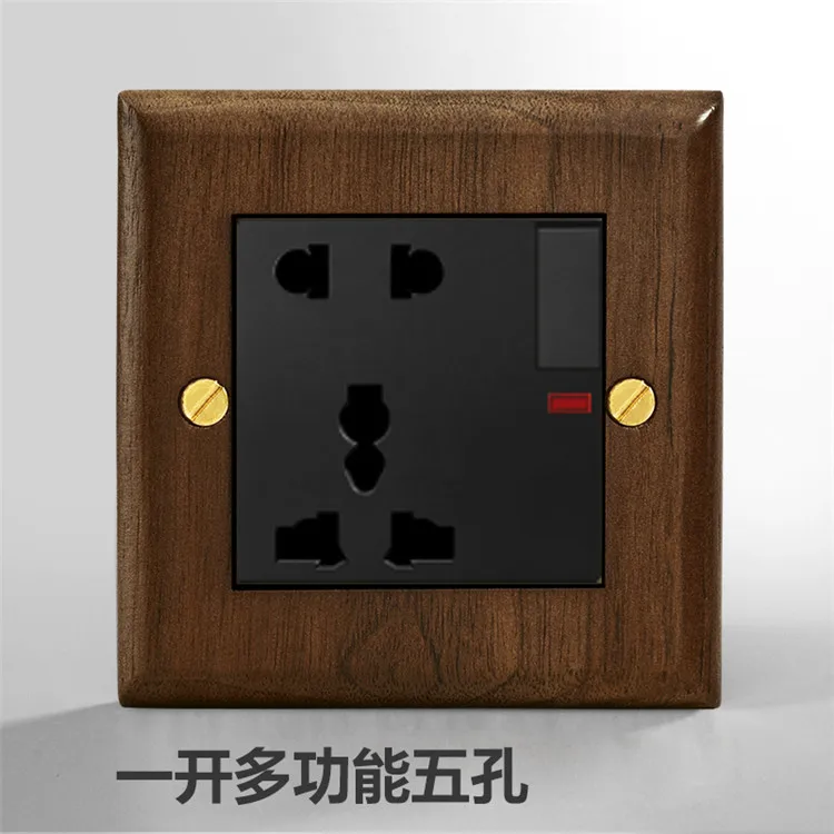 Sockets and switches electrical with Solid wood panel Brass Toggle UK British standard 13A toggle rocker