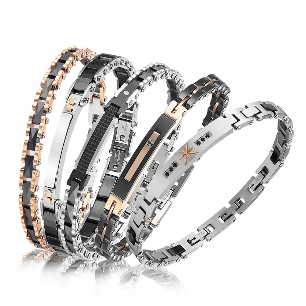 Fashion Jewelry Bracelets Luxury Stainless Steel Rose Gold Plated Black Ceramic Steel Bracelet Men