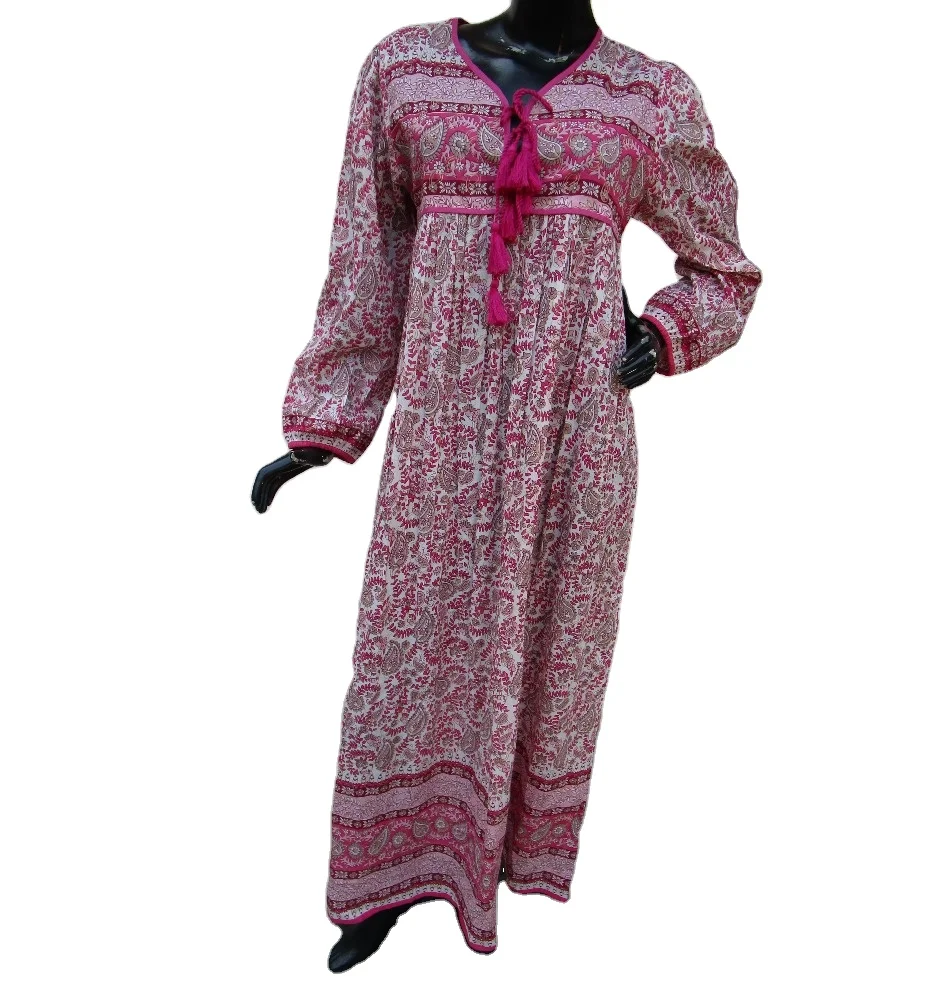 Karni Cotton Indian Gauze Dress White Red Ethnic Print Maxi Dress for Women - ethnic wear maxi dress