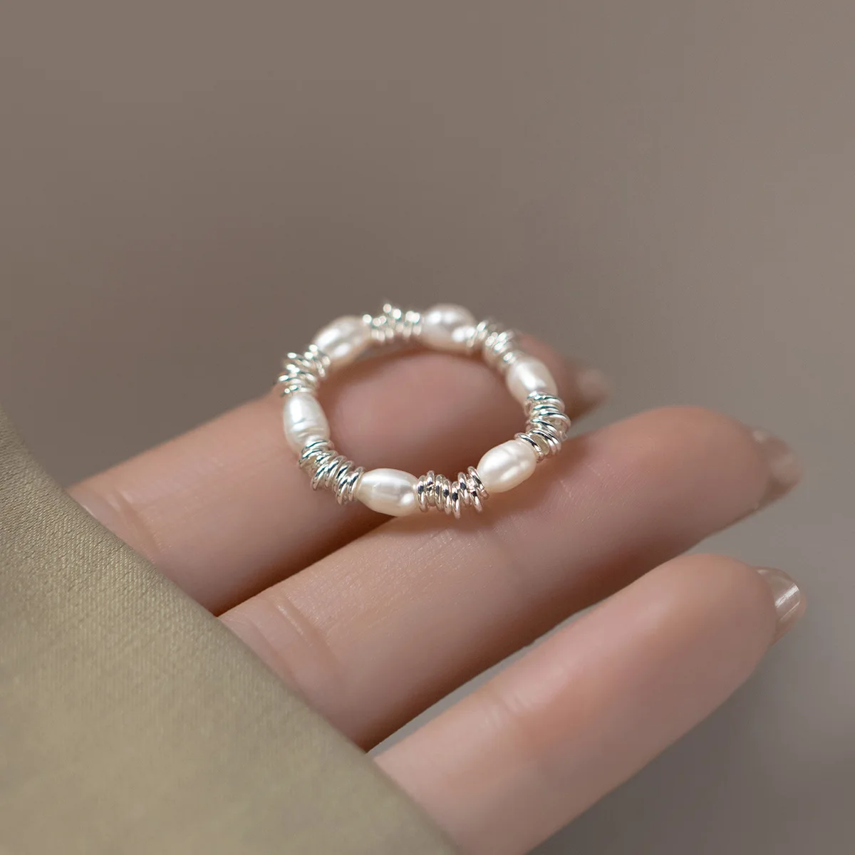 Daidan Ring Silver 925 Adjustable Pearl Elastic Adjustable Chain Fresh Water Pearl Beaded Ring
