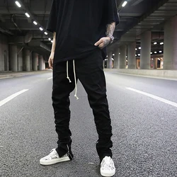 OEM fog trendy plain color draped stretch waist pants men stock slim fit ankle zipper jogger pants teen punk rap streetwear