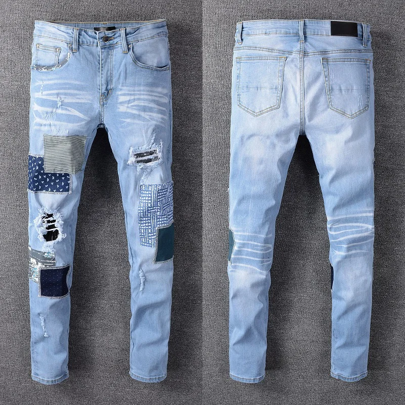 Color block patch ripped jeans men stock all sizes skinny stretch jeans men