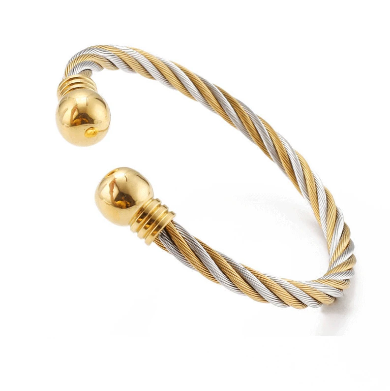 Stainless steel jewelry 2 tone twisted cable wire wrapped retro cuff bangle bracelet