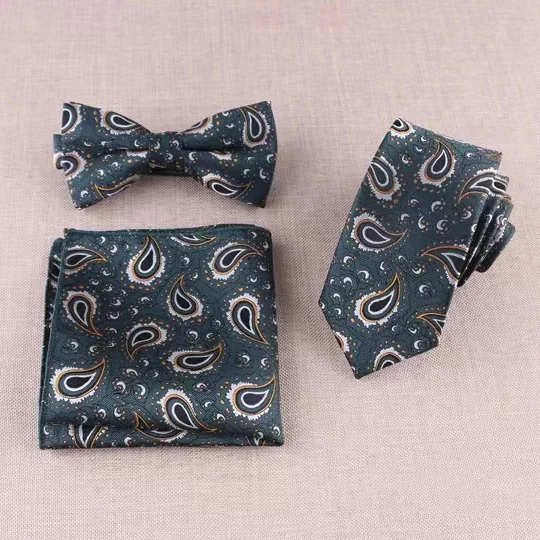 boys green paisley modern fashion  mens skinny neck ties 6cm luxury customized  necktie and bow tie pocket square set