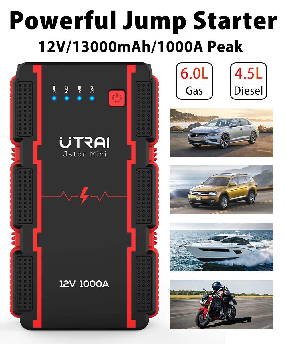 Utrai 1000A Peak Current Jumpstart 12V/8A jump starter power bank portable car battery mini jump starter