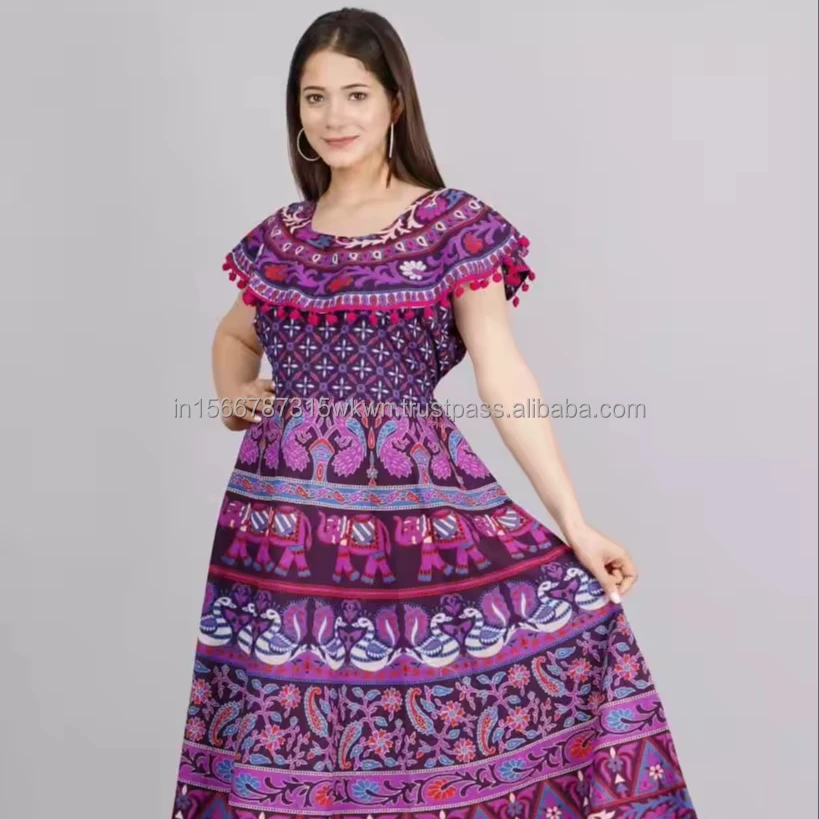hand block Summer lady Elegant ladies Beach Female Holiday Maxi Dress Mandala Boho Short Dress Custom Bohemian Dress for Women