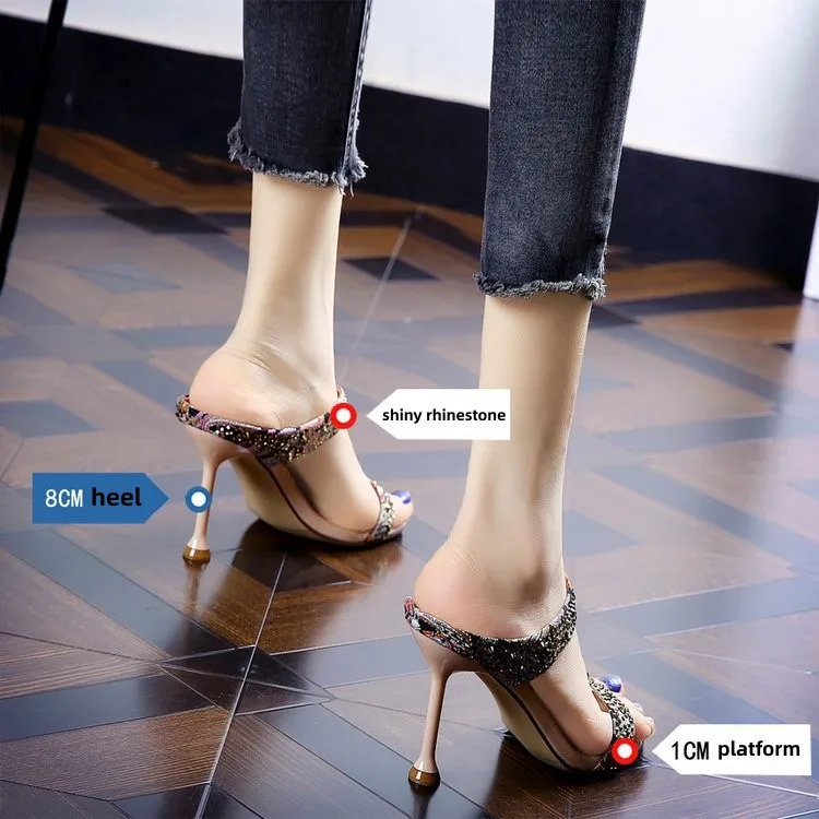 2025 hot sale rubber women shoe with rhinestone peep toe fashion stiletto PU ladies high heel slipper for women summer new style