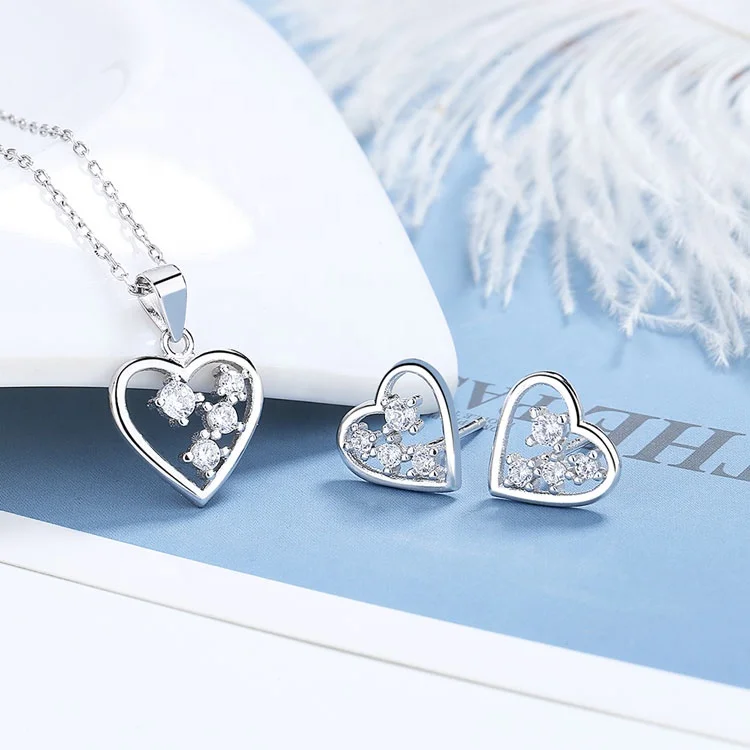 Wholesale Sterling Silver 925 Love Necklace and Earrings Set Heart Full Jewelry Set for Girls