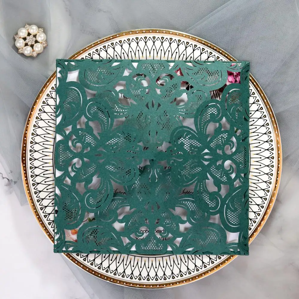 
European wedding lace invitation card holiday greeting card hollow dark green invitation card 
