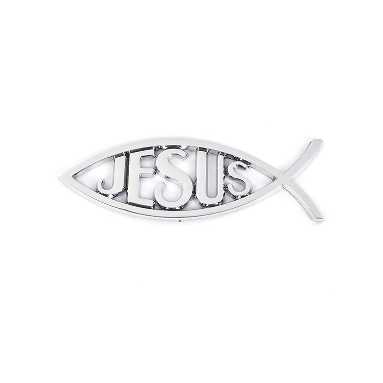 
3D custom silver chrome jesus cross fish car badges embelms with sticker on backside 