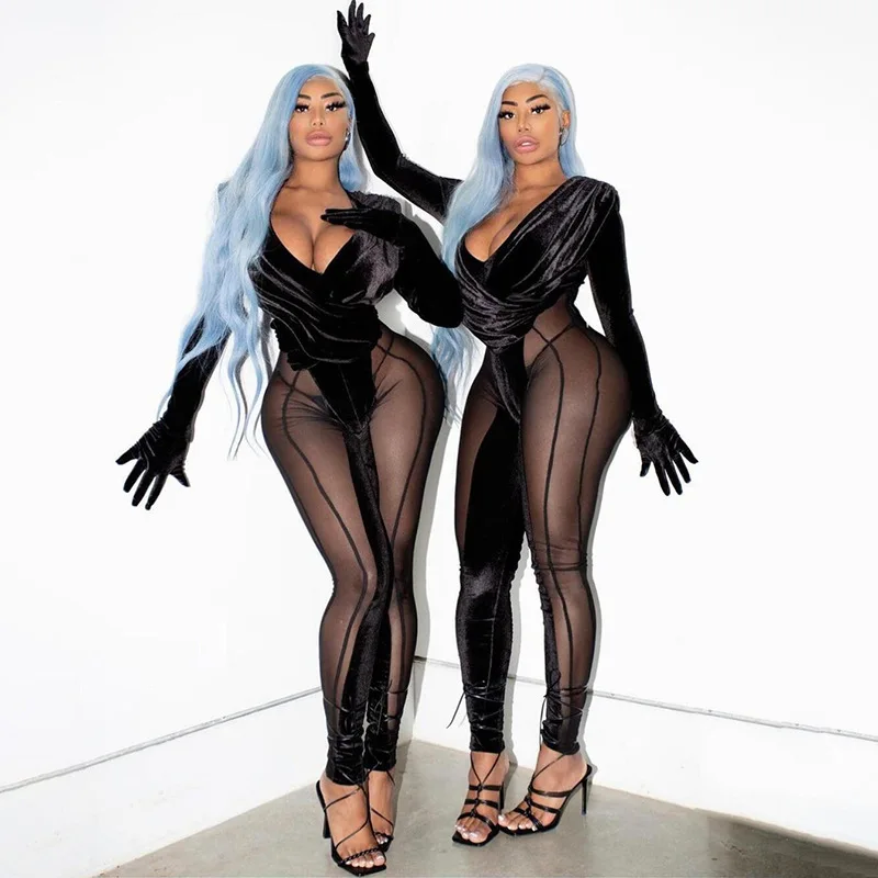 2021 Winter Mesh Velvet Patchwork Elegant Bodycon Jumpsuit Longsleeve Bodysuits For Women Sexy Jumpsuits