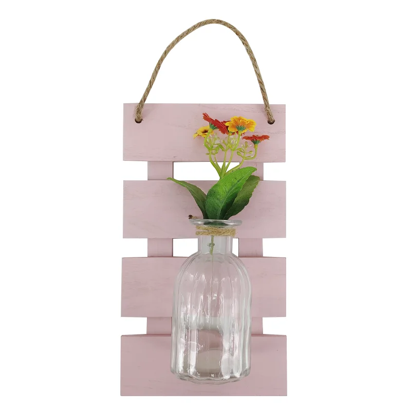Home Deco Wooden Board Hydroponic Container Hanging Transparent Glass Green Plant Home wall decoration vase