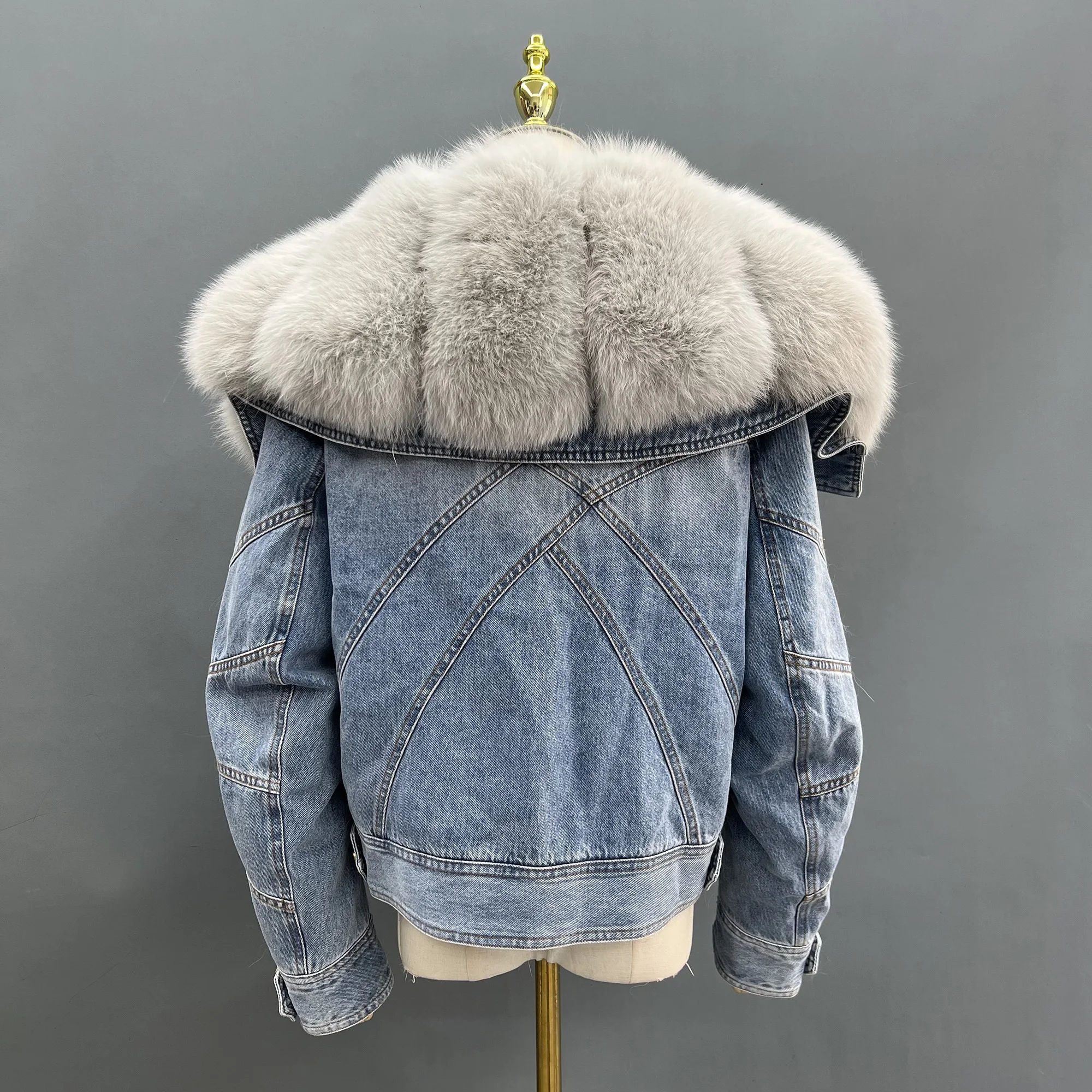 Elegant Big Real Fox Fur Collar Down Coat Feather Lining Parka Denim Fur Jacket