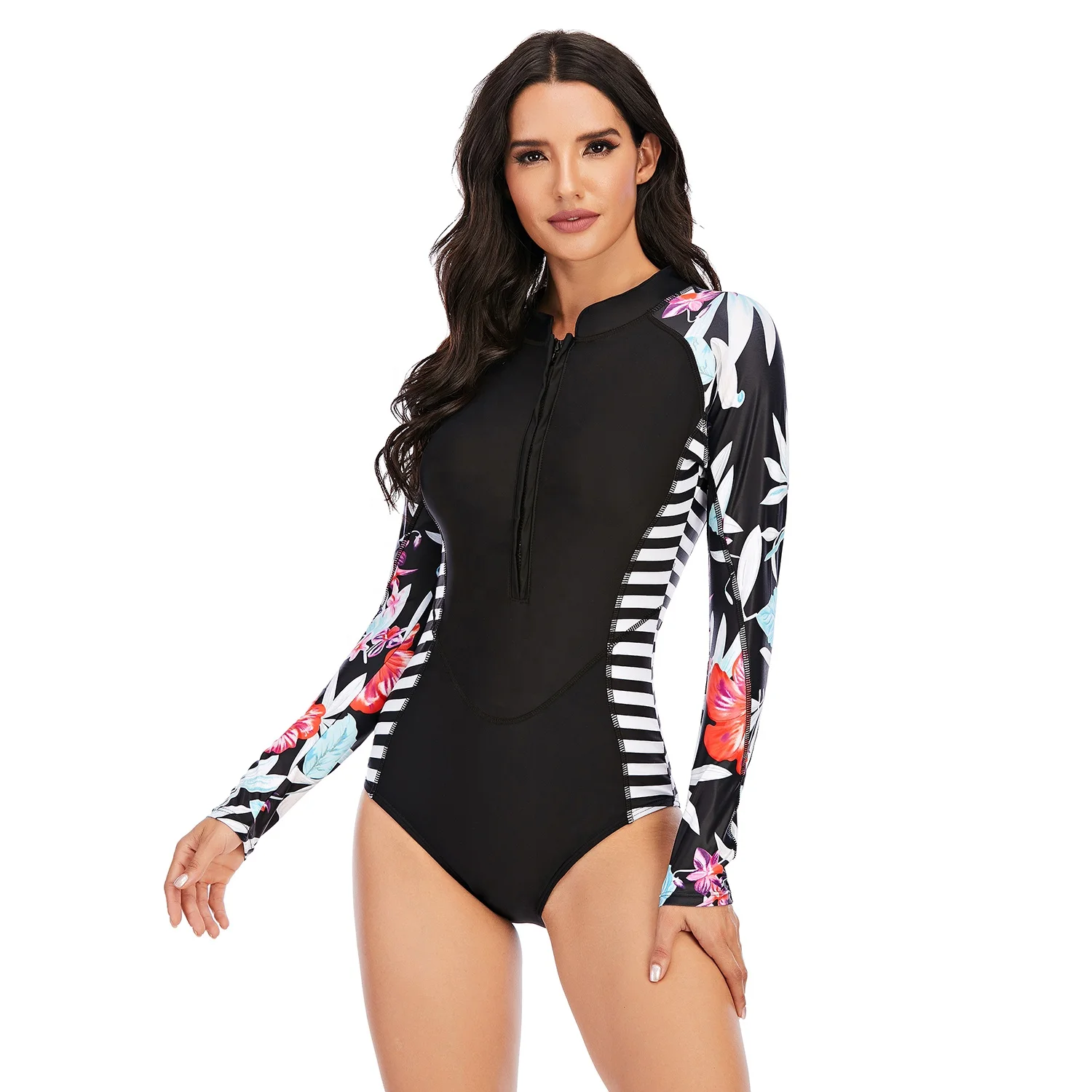 
AOSHILI wholesale American European unibody surfwear long sleeve zipper printed swimsuit manufacturers 