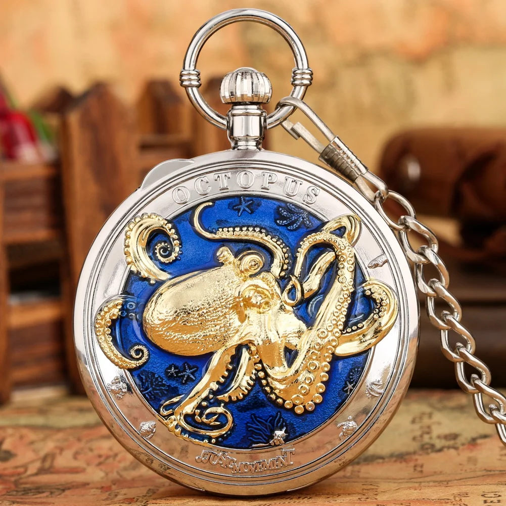 Unique Octopus Design Playing Song Music Quartz Pocket Watch With Chain Analog Pocket Clock Gifts for Kids
