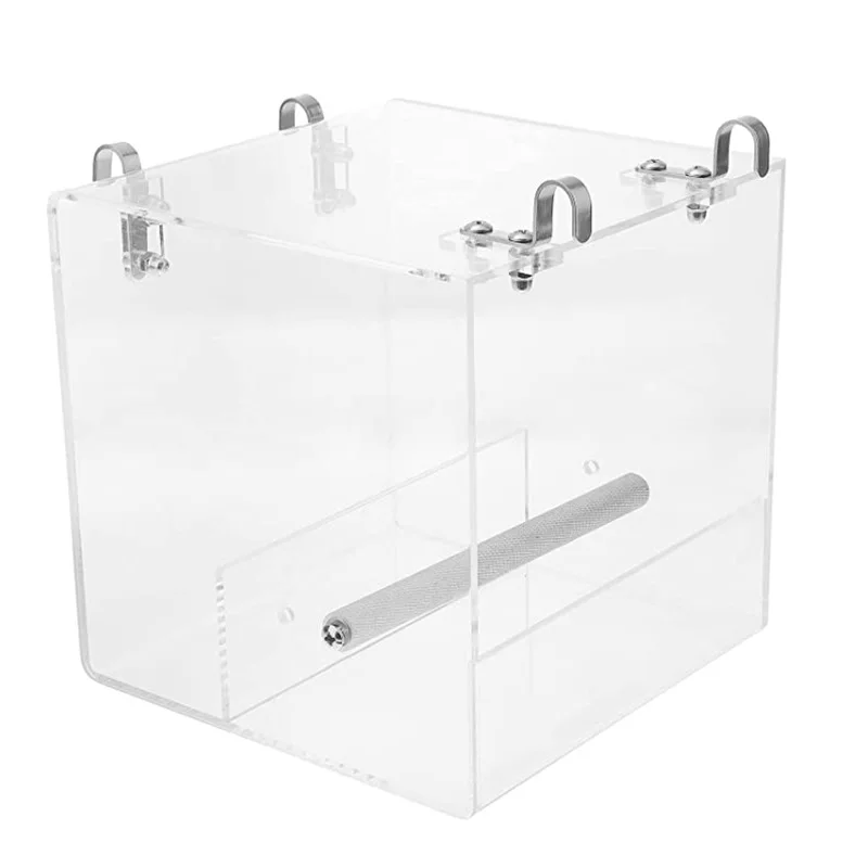 Customized Acrylic Bird Bath Cage with hanging Hooks for Small Bird Parrots Lovebirds