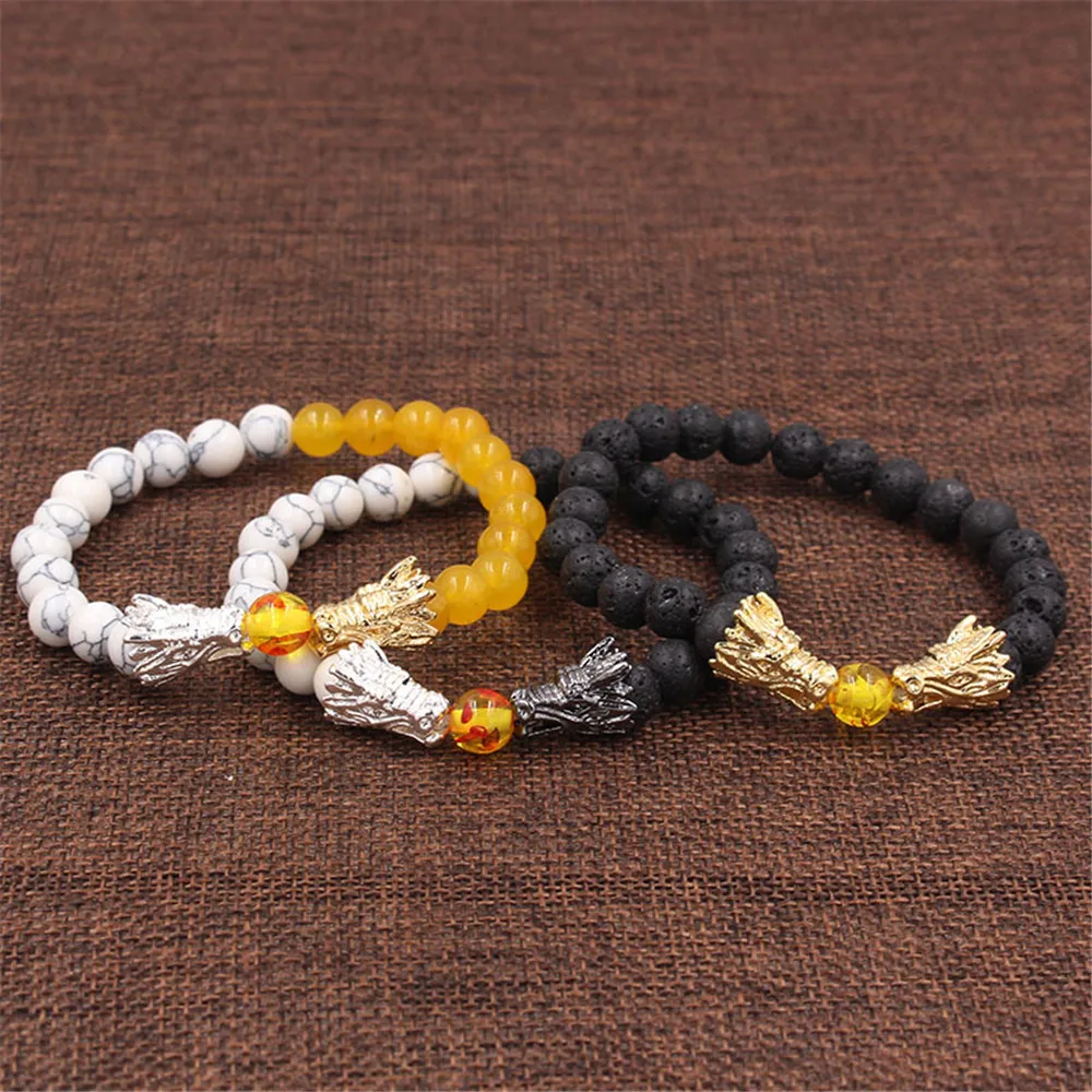 Beaded Bracelets Men Hot Selling Fashion White turquoise Stone Topaz Bead Bracelet Handmade Lava Stone Mens Dragon Bracelet