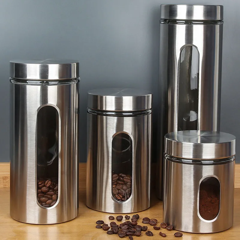LIHONG Stainless Steel Visible Glass Storage Tank Coffee Beans Grain Sugar Metal Food Storage Canisters