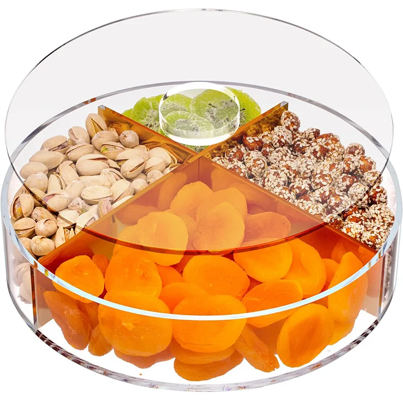 Custom Acrylic Round Snack Candy Storage Box Acrylic Multi Sectional Snack Nut Serving Tary