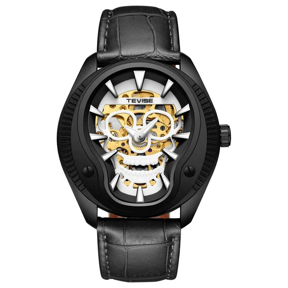 2019 fashion skeleton watch green skull luminous stainless steel leather band young men