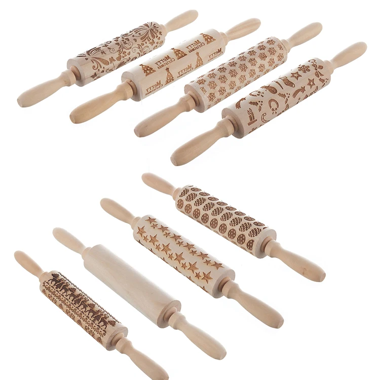 Wholesale OEM various Christmas patterns printing vintage baking tools wooden rolling pin poplar wood embossed with handles