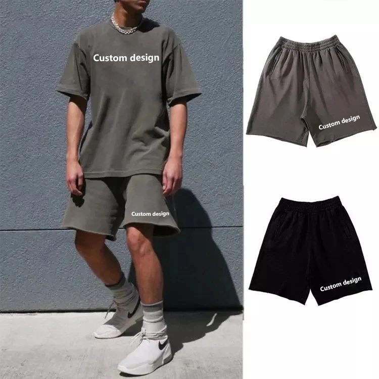 Summer Street Style Crew Neck Combed Cotton T Shirt And Shorts 2 Pieces Set Custom Graphic Plain Vintage Washed Heavy T Shirt