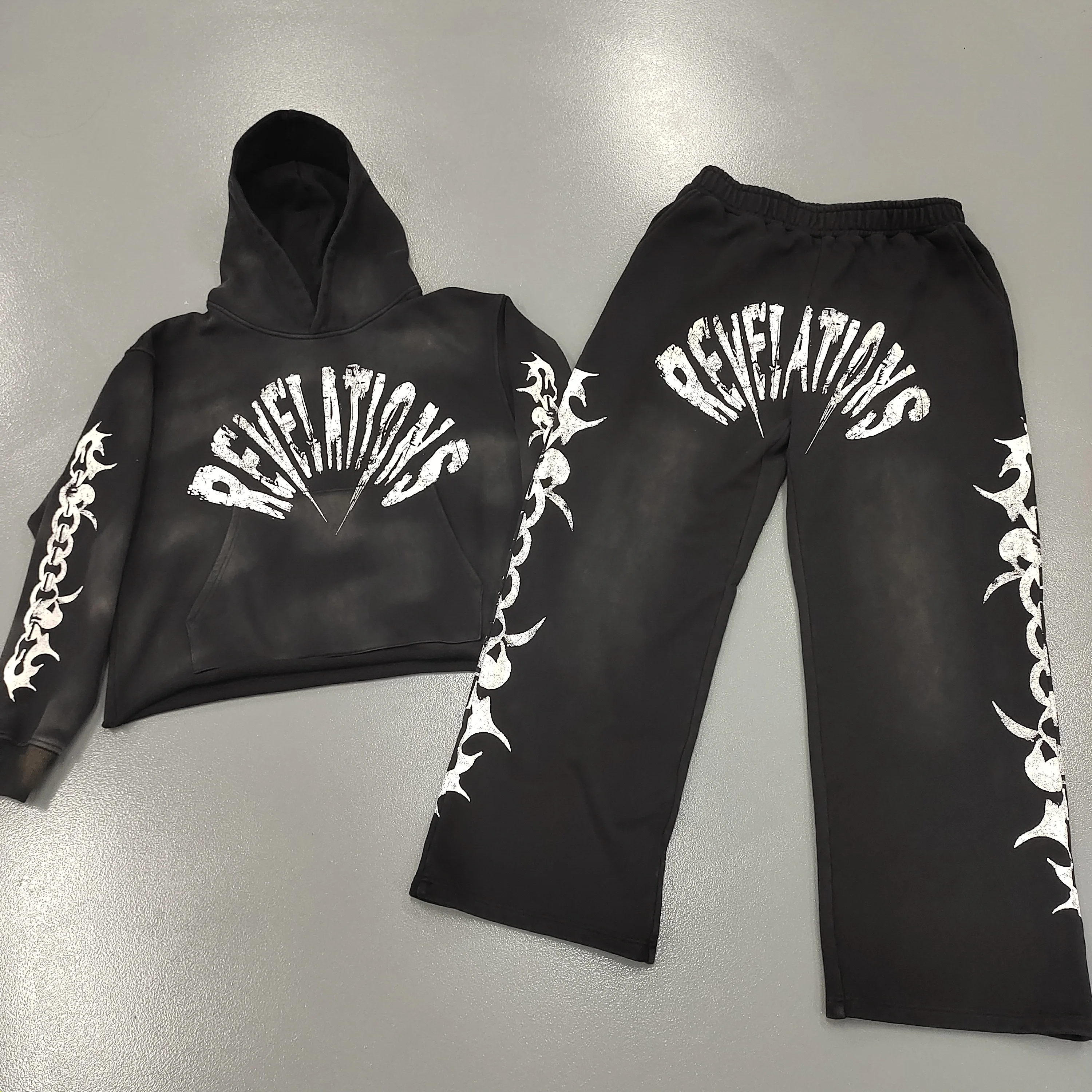 Custom Logo Vintage Distressed Acid Washed Loose Cropped Hoodie Men Raw Hem Hoodies Oversized Tracksuit Sweatpants & Hoodie Set