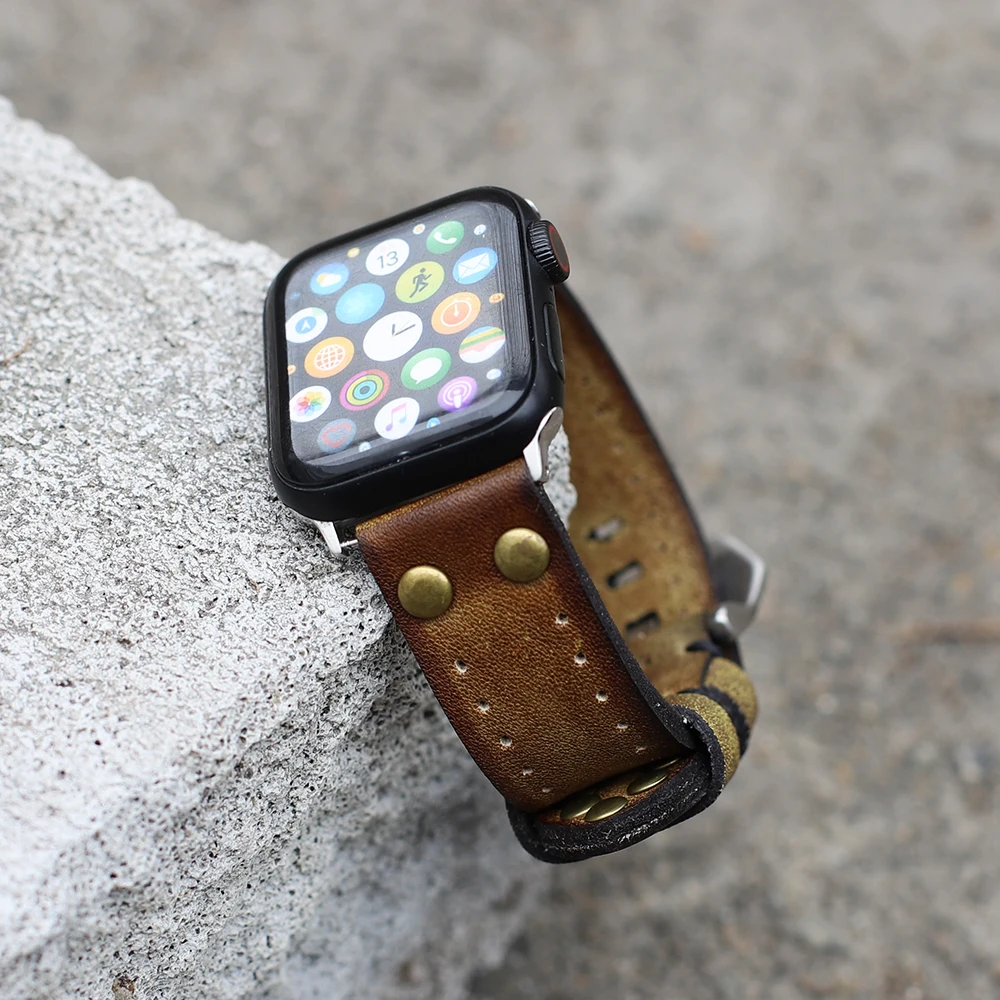 Classical Soft Leather Watch Strap With Rivets Vintage Watchband With Carved Buckle #C for Smart Watches