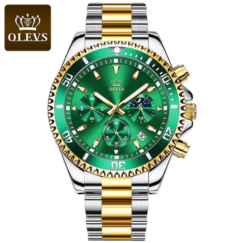 
OLEVS 2870 Top Brand Luxury Green Dial Rotating Bezel Fashion Men Wrist Watches Business Male Calendar Chronograph Quartz Watch 
