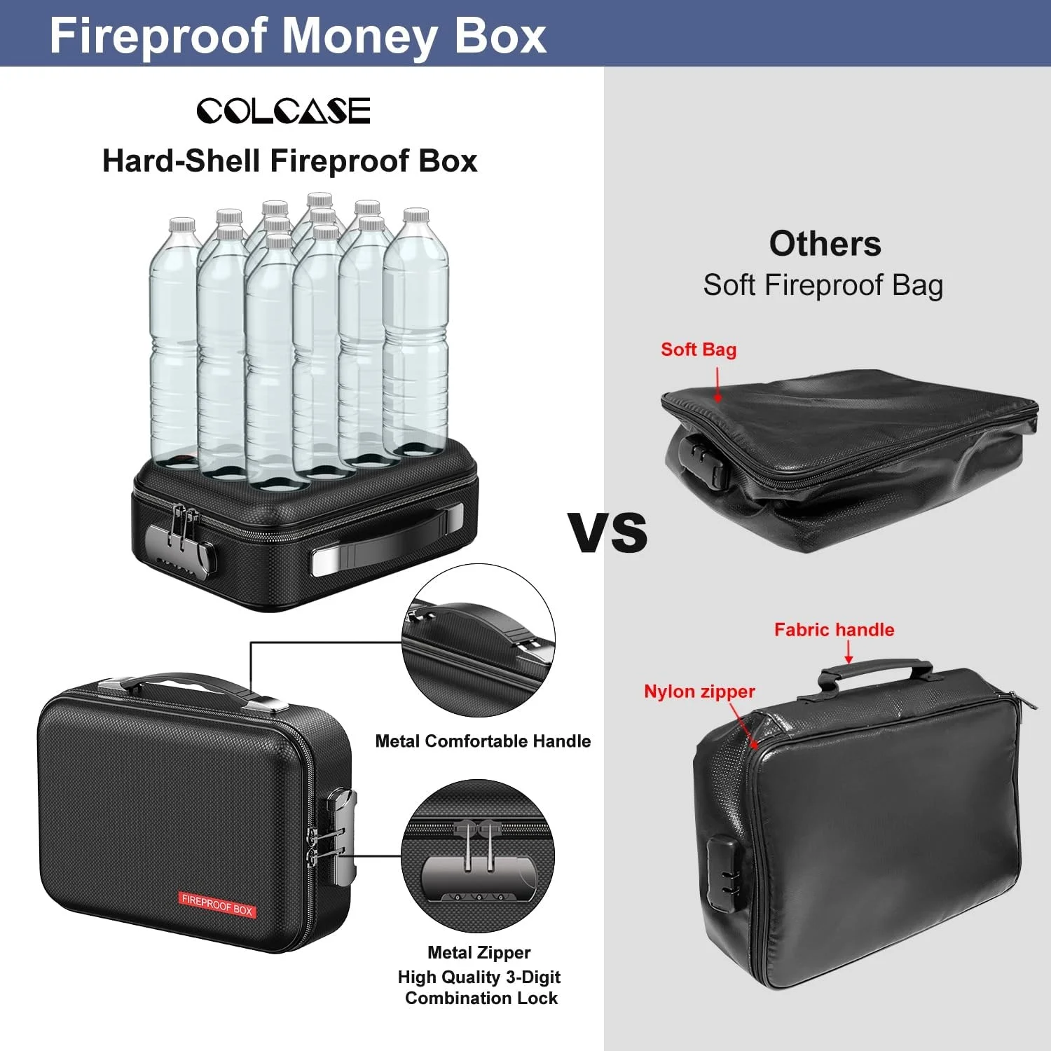 Hard Case Fireproof Box With Lock Hard Shell Design Fireproof Water Resistant Portable Safe Box for Document 11.3x8x4 Inches