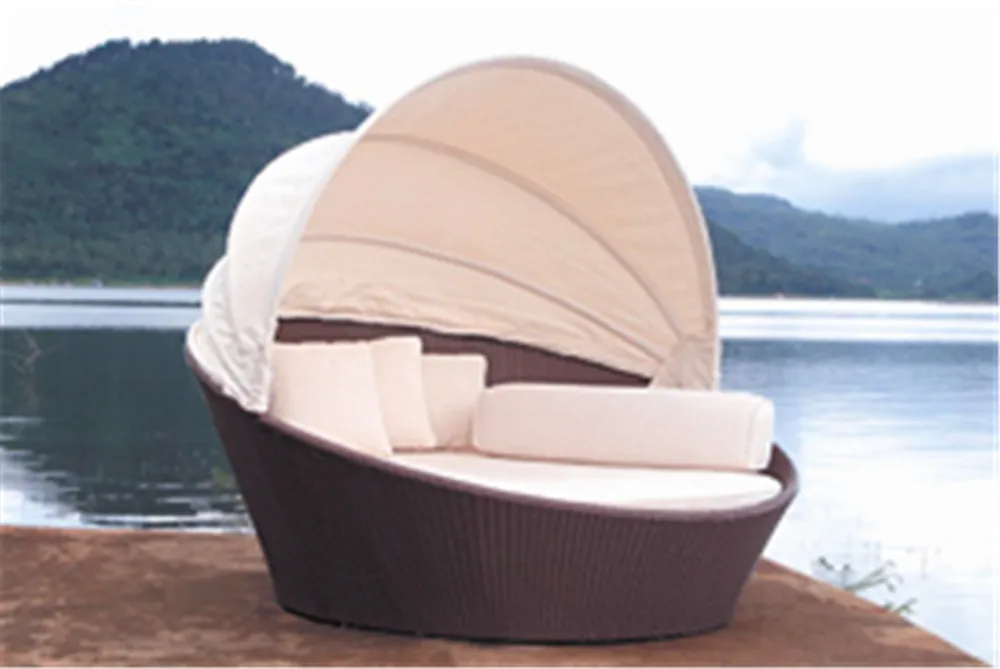 Outdoor furniture swimming pool beach aluminum rattan round leisure sunbed with awning