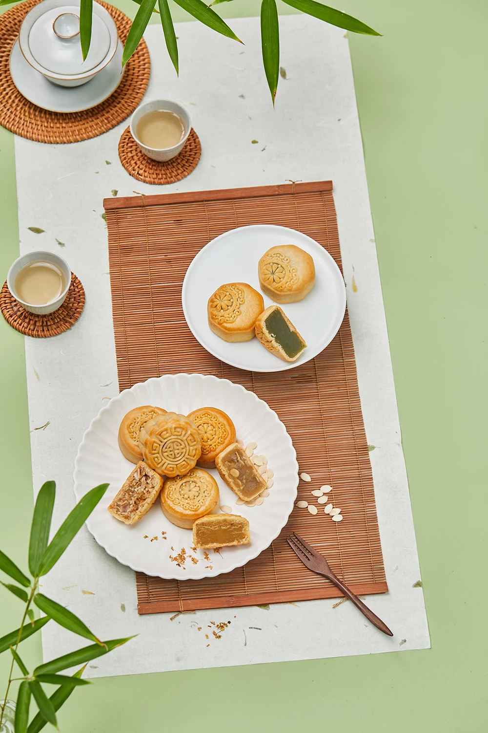 Asian Season Nut Moon Cakes Chinese Snack Gifts Low Sugar Green Tea Vegetarian Mooncake