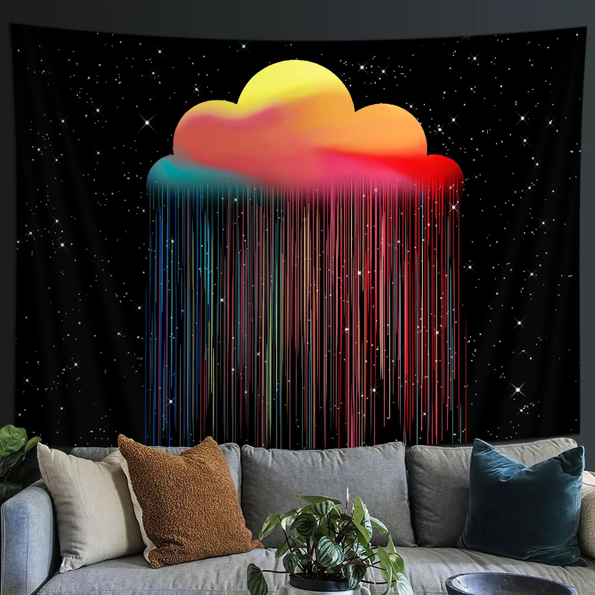 Rainbow Clouds Tapestry Retro 70s Tassels Modern Starry Space
