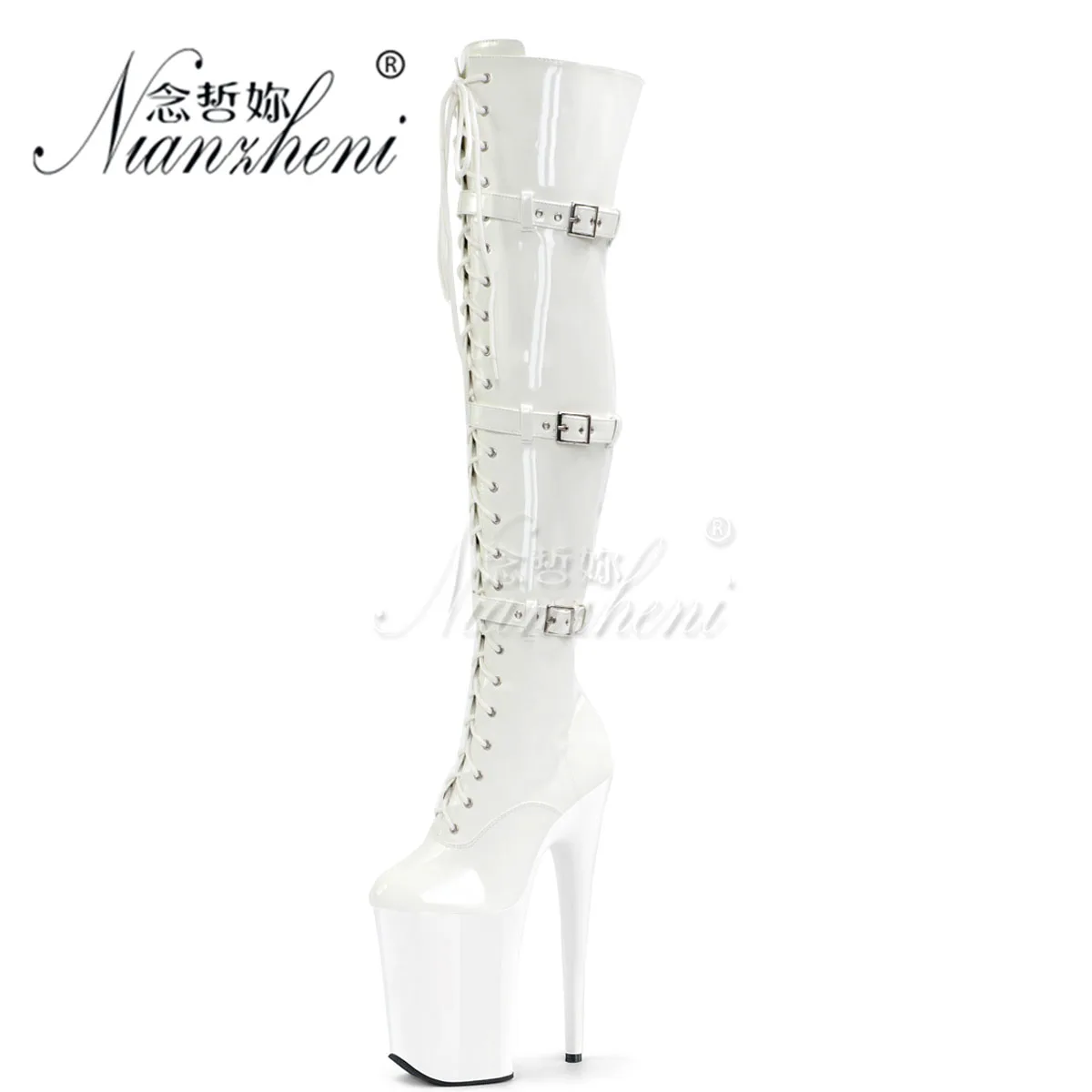 Pole Dance Long Boots Round Toe 23cm Catwalk Fashion Nightclub Sexy Fetish Retro Belt Buckle Stripper Heel Models Catwalk Gothic