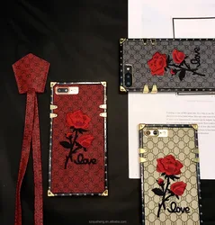 Metallic edge soft shell shiny retro Embroidery Rose for iPhone 11 / 11promax / xsmax / 8plus / 6S prime square flowers case