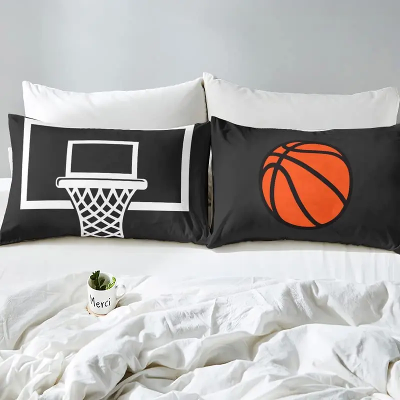 Basketball Court Print Bedding Set ,Ball Sports Games Themed Duvet Cover, Boys Game Room Decor Comforter Cover Orange Basketball