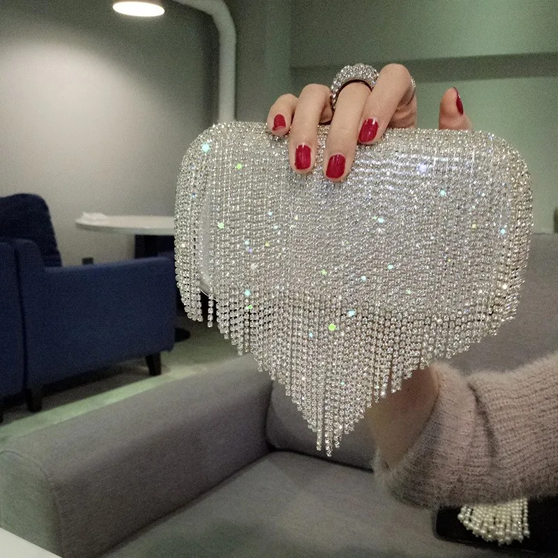 Hot Selling Women Crystal Tassel Clutch Purses Evening Clutch Bag Rhinestones Handbag for Wedding Party