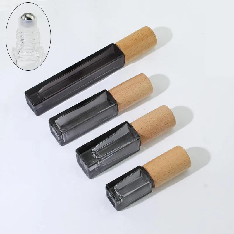 5ml 10ml Square Colorful Luxury Small Perfume Roll On Roller Bottle With Wooden Cap Essential Oil Glass Travel Container