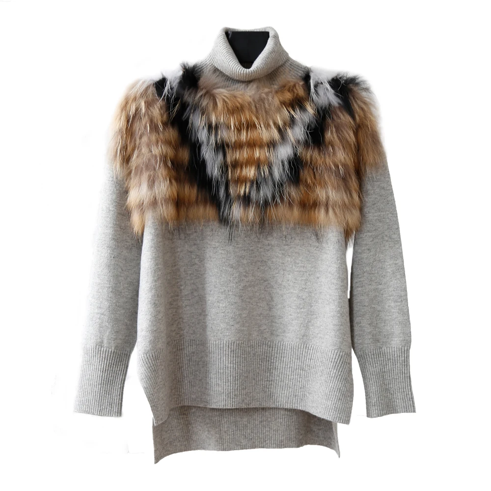 New Developed Knit Girls Fur Sweaters Turtle Neck Long Sleeve Jumper With Fur Applique Trim Decoration
