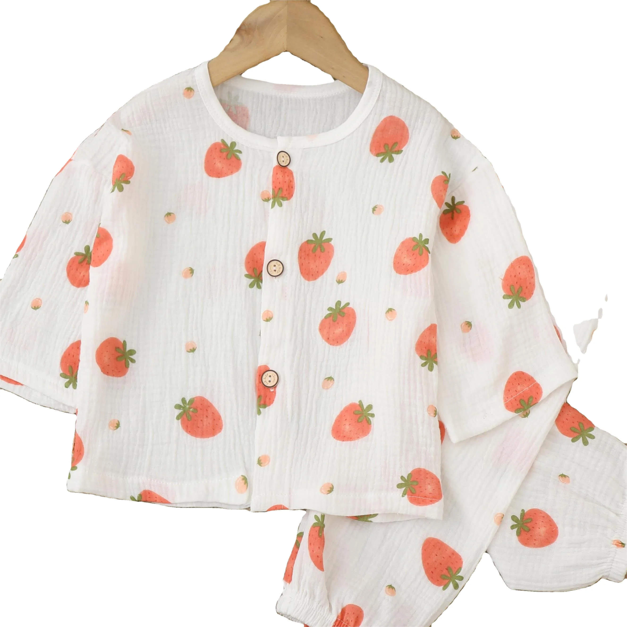 Girls boys cotton muslin  long sleeves pajamas 2 pieces set kids home wear