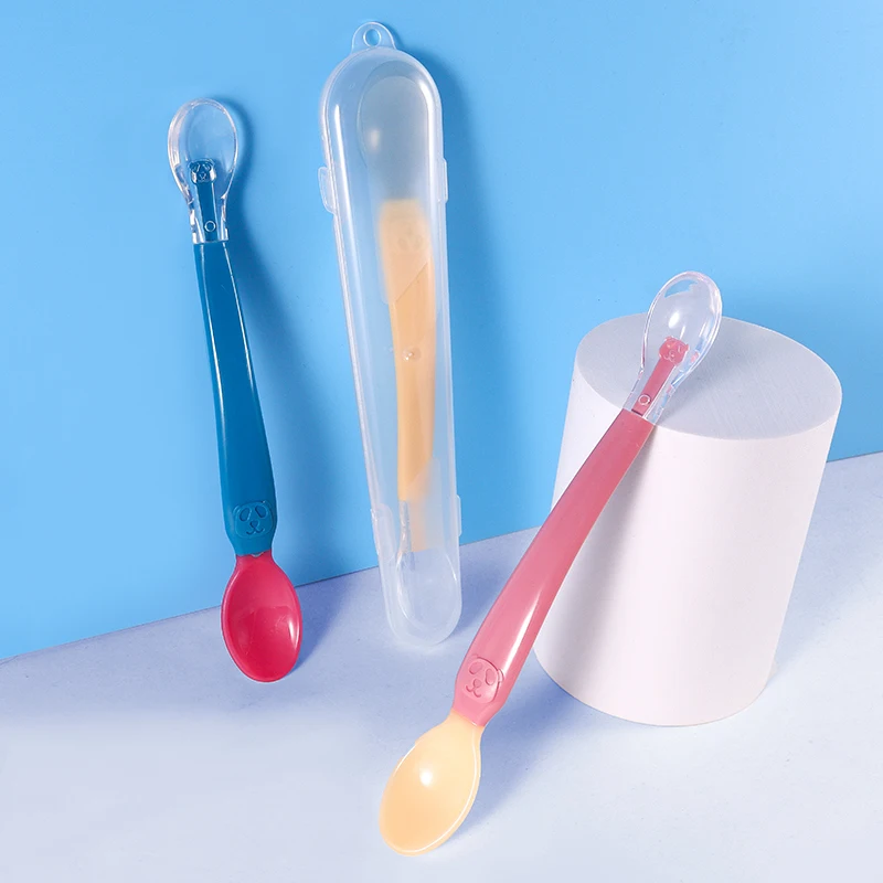 Hot Sale One-piece double heads silicone Temperature Sensing Spoon for baby