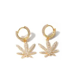 Hot Sale New Full Diamond Hip Hop Piercing jewelry 18k gold plating iced zircon maple leaf earrings